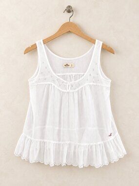 Hollister Baby Doll Top, Vintage Y2K, Coquette, Beaded Boho Ruffle Hem, Size S